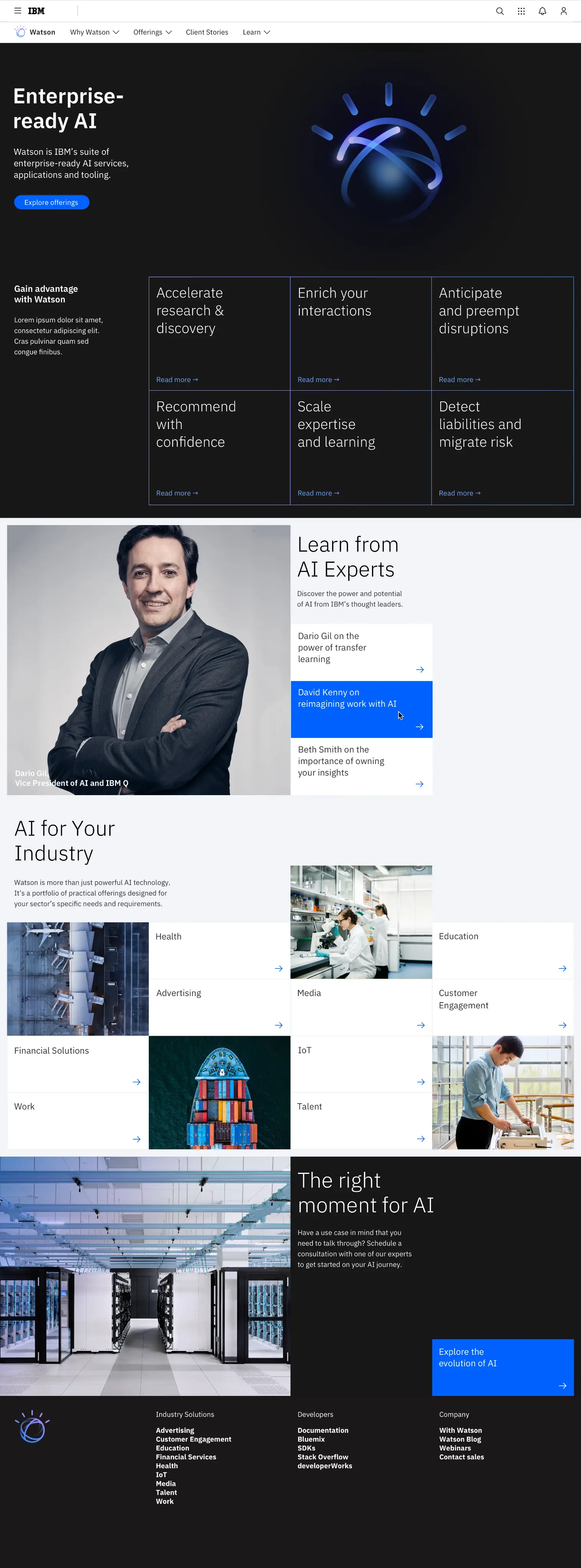Screenshot of the IBM.com/watson homepage using v19a (legacy) Design System