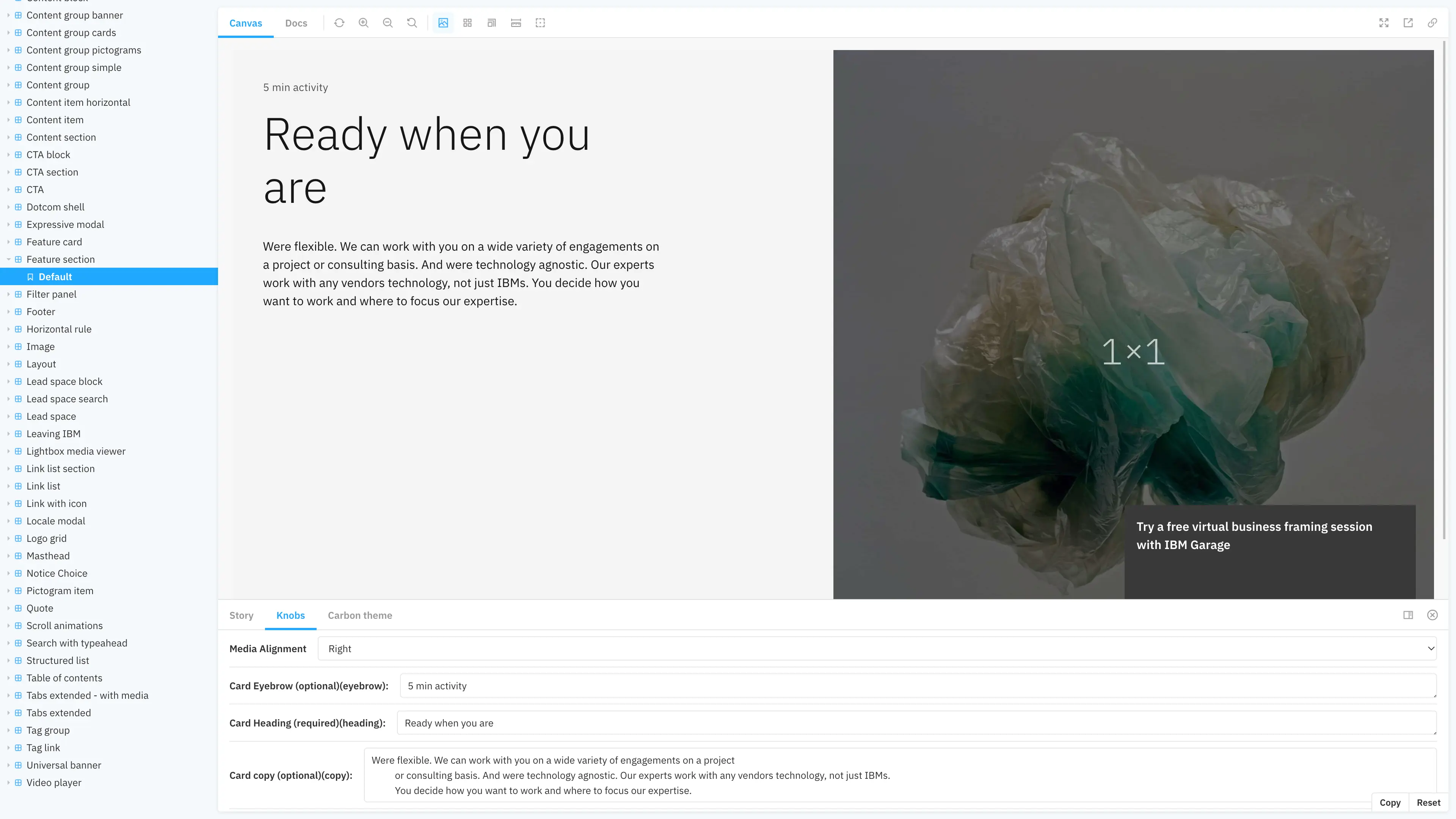 Screenshot of a component called Featured Section that's part of the Carbon for IBM.com storybook library