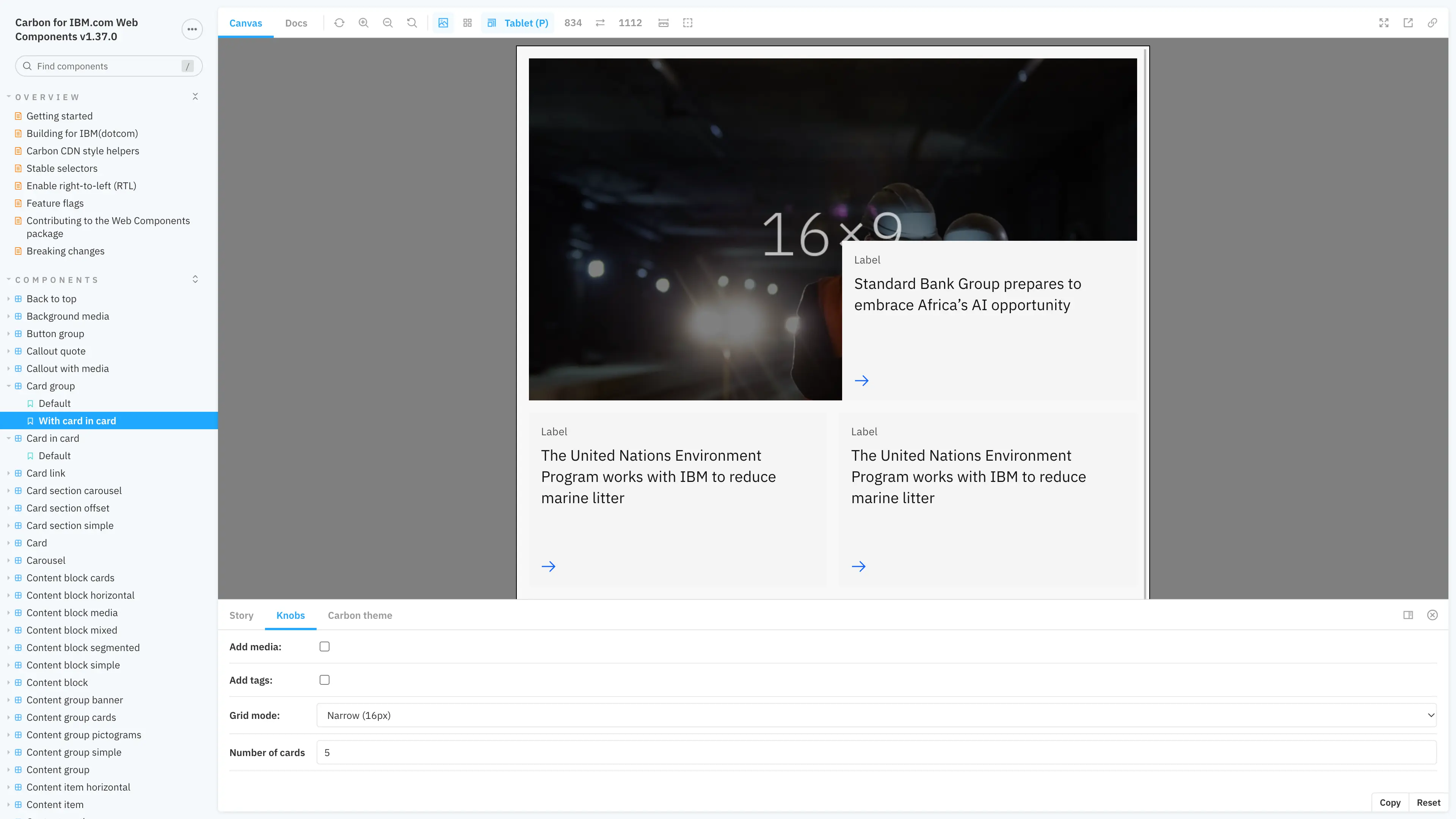 Screenshot of a component called Card in Card that's part of the Carbon for IBM.com storybook library