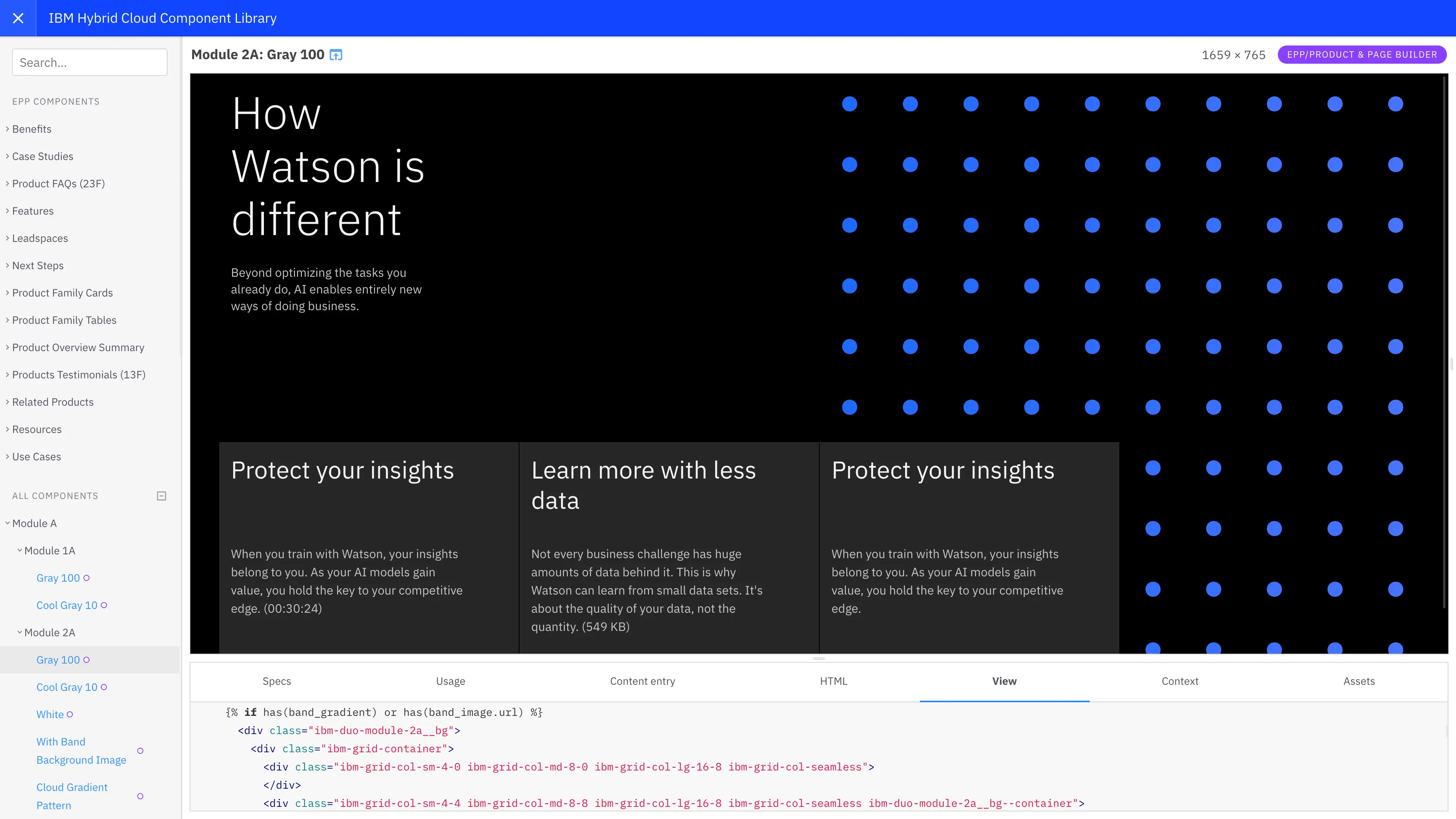 Screenshot of a component/band called Module 3A that's part of IBM.com's v19a/legacy Design System