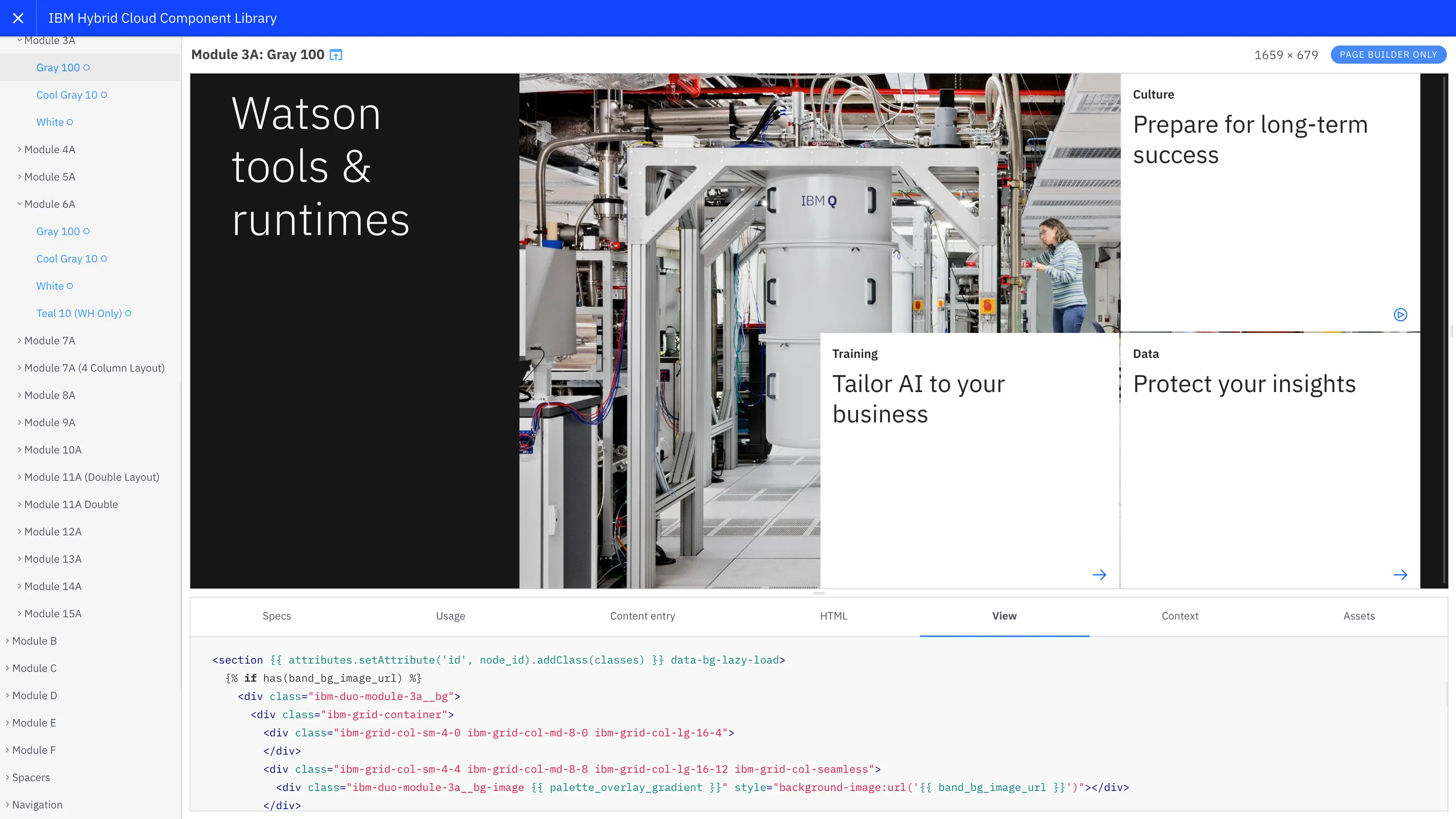 Screenshot of a component/band called Module 3A that's part of IBM.com's v19a/legacy Design System