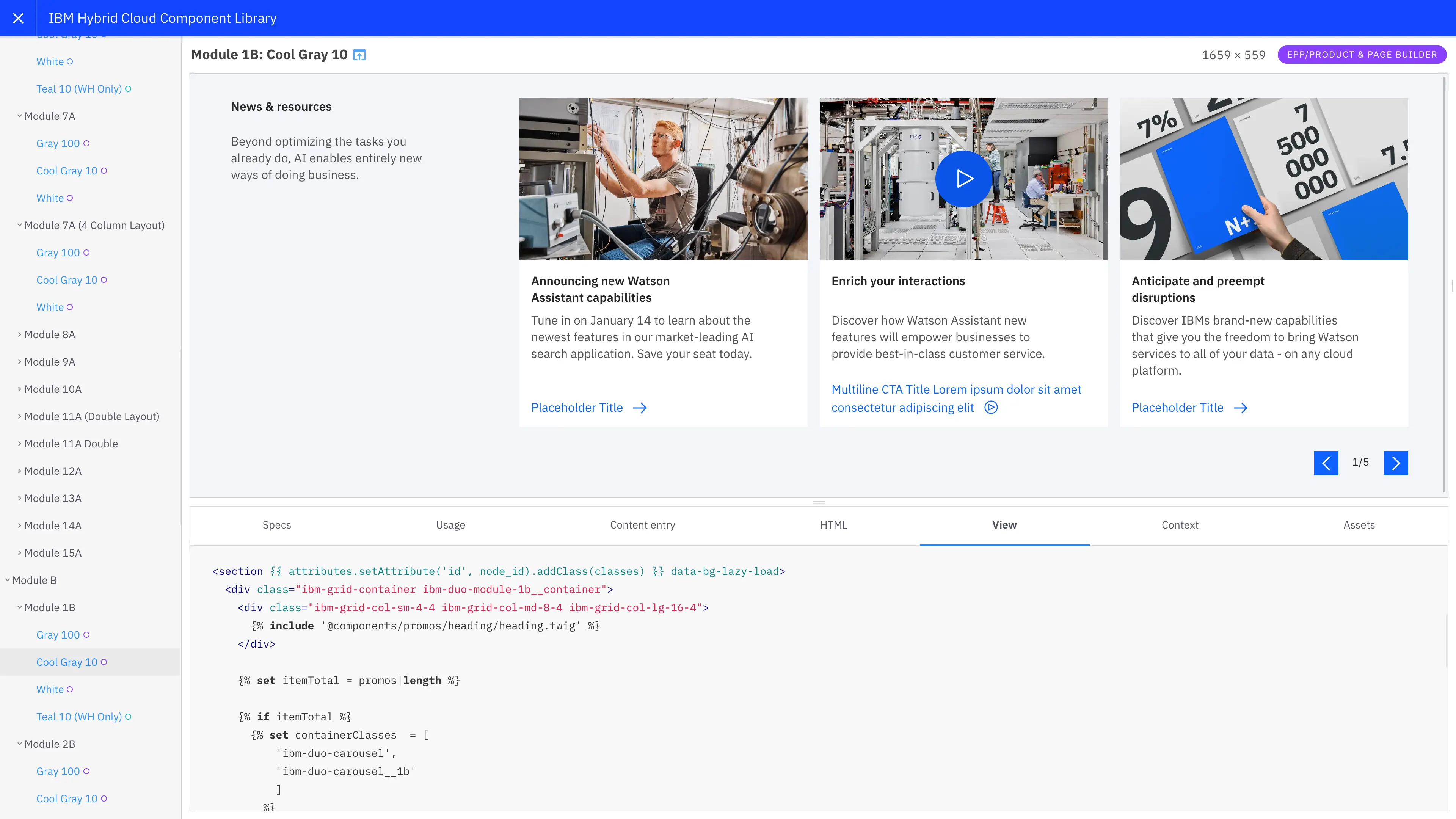 Screenshot of a component/band called Module 1B that's part of IBM.com's v19a/legacy Design System
