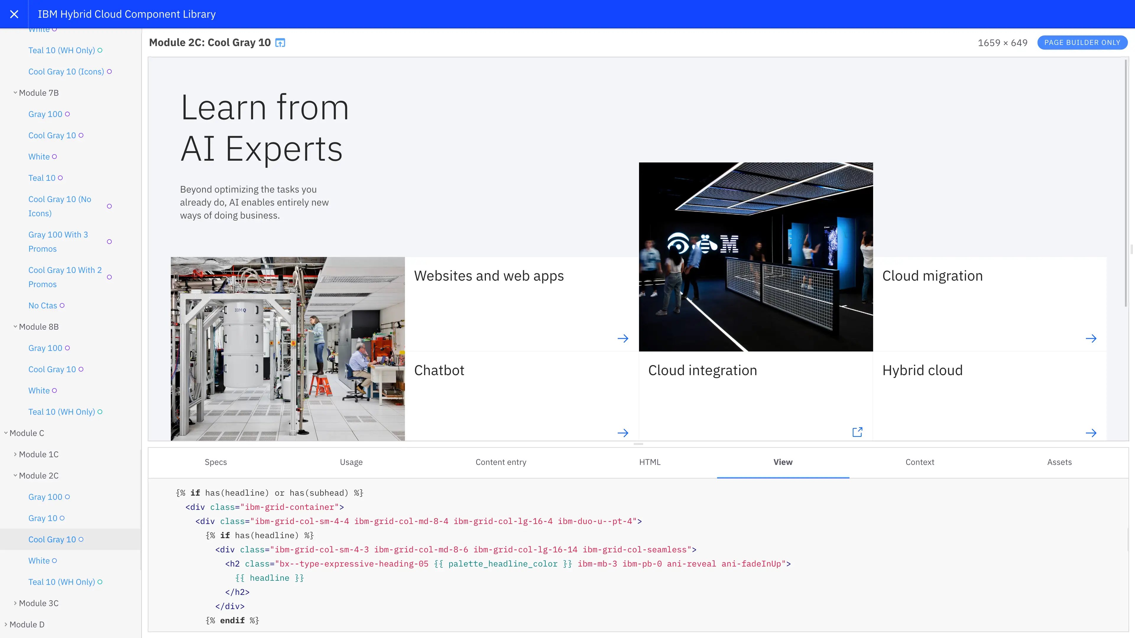 Screenshot of a component/band called Module 2C that's part of IBM.com's v19a/legacy Design System