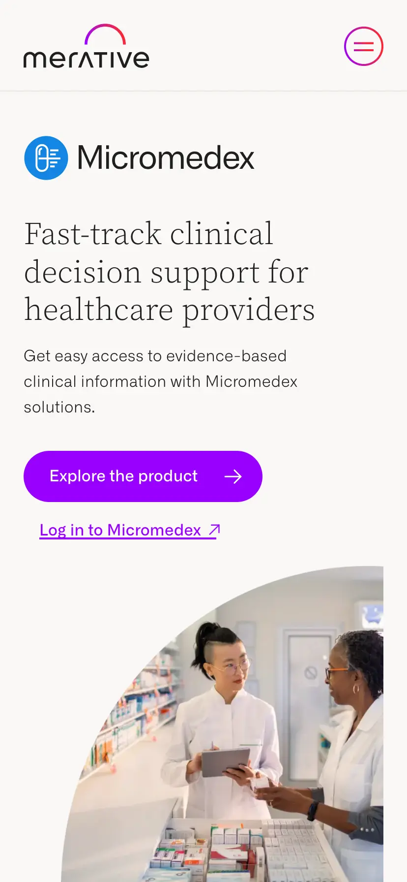Screenshot of the mobile view of Merative.com's Product Landing page
