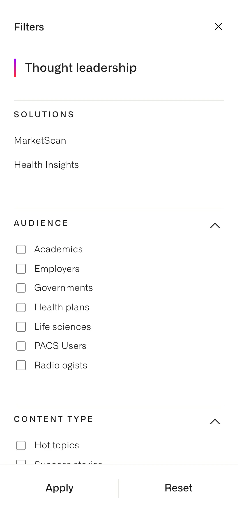 Screenshot of the mobile view of Merative.com's Thought Leadership Sidebar Filtering