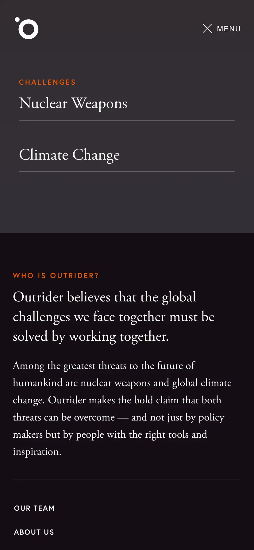 Screenshot of the mobile view of the Outrider.org's Flyout Menu