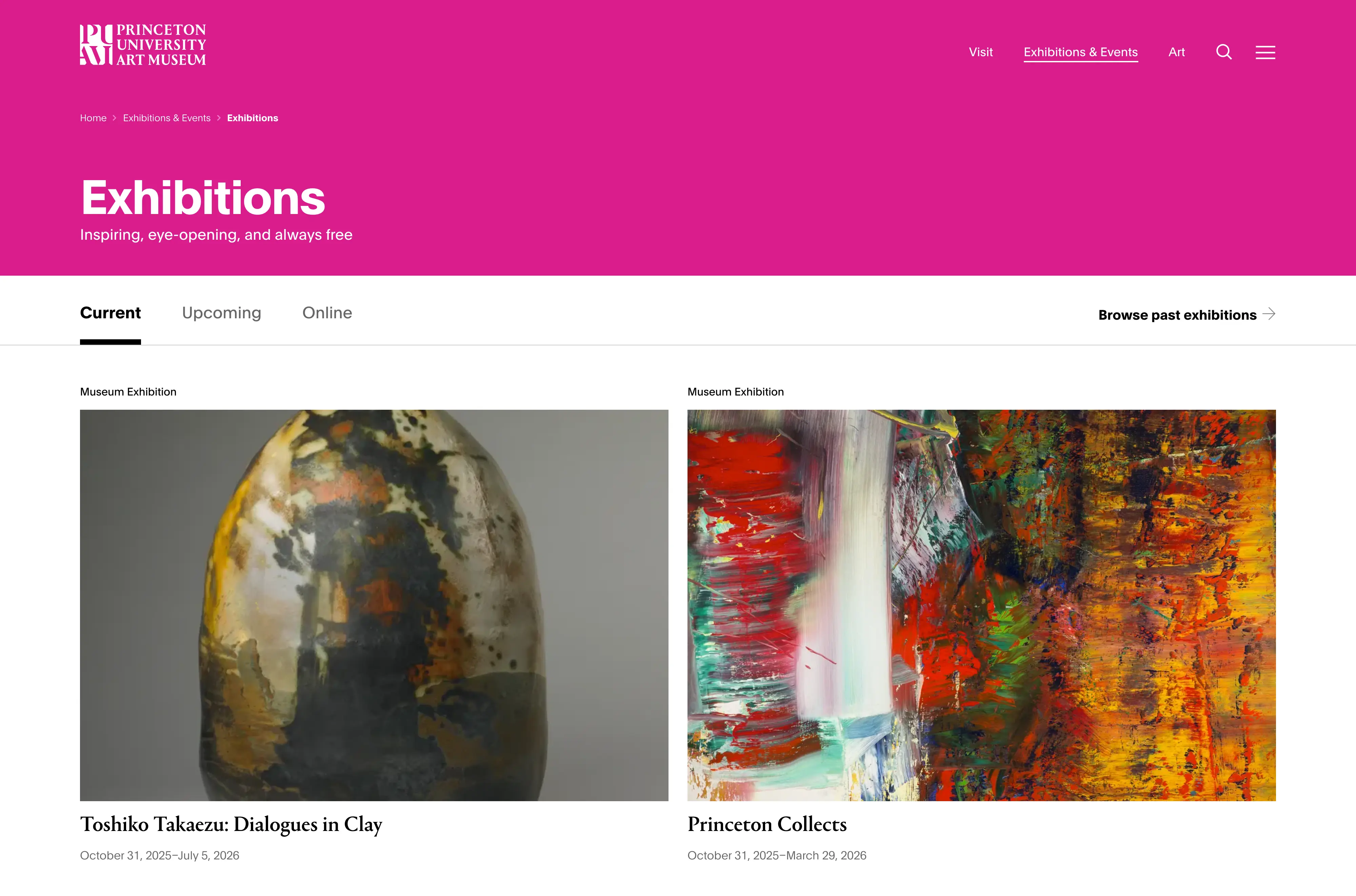 Screenshot of artmuseum.princeton.edu's Exhibitions Landing page