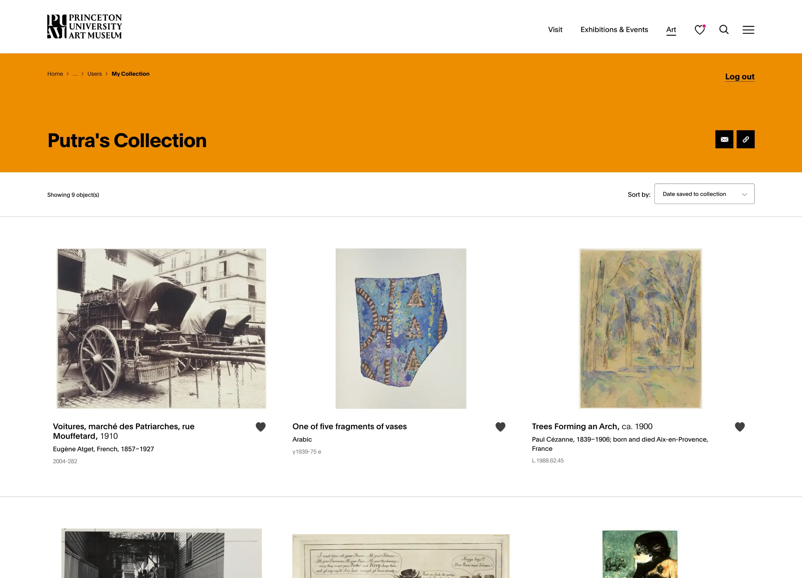 Screenshot of the desktop view of artmuseum.princeton.edu's My Collection page