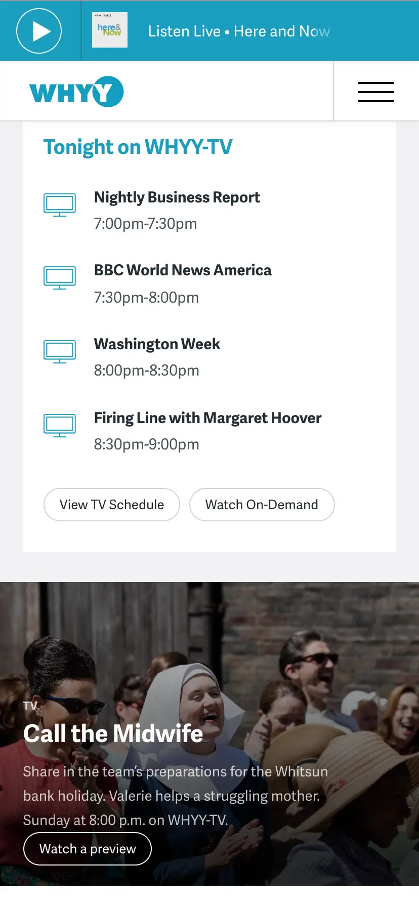 Screenshot of the mobile view of whyy.org's Programs Schedule